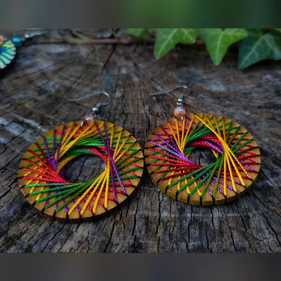 Handmade Multicolor Rainbow Circle Wood Earrings - Picture 2 of 2
